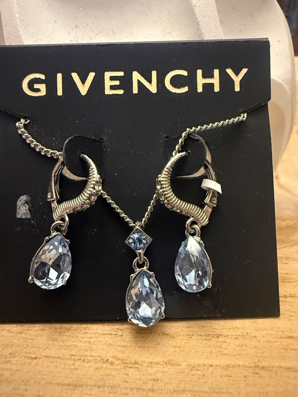 Givenchy Silver Tone Light Blue Pear Shaped Drop Earrings and Pendant Set